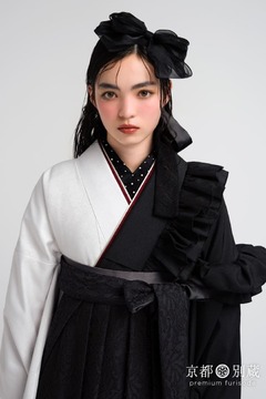 白　黒　モノトーン　フリル　洋風　ヴィラットあやめ　　【卒業式の袴レンタル】【京都五条別蔵】 【横浜別蔵】 【表参道志染庵】　袴　卒業式　卒業袴　ハカマ　二尺袖：NMR-4　黒袴