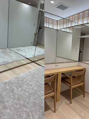 華やかな振袖を着て女性と、その肩に手を置くスタイリストの女性。写真スタジオでの撮影準備風景。