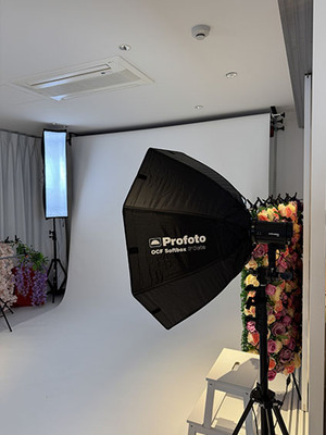 フォトスタジオで、紫の藤の花の装飾を背景に美しい着物姿の女性モデルを撮影する様子。カメラマンと撮影スタッフが機材を操作している。