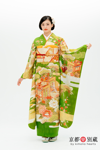 大峰ユリホ 　黄緑色　御所車　瑞雲　松　牡丹　伝統古典　振袖　成人の日　成人式　二十歳の集い　京都別蔵　五条　横浜