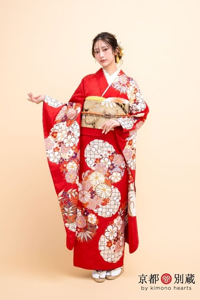 KM-2　大西陽羽 　赤　雪輪　菊　牡丹　梅　伝統古典　振袖　成人の日　成人式　二十歳の集い　花丸文