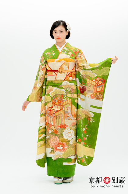 大峰ユリホ 　黄緑色　御所車　瑞雲　松　牡丹　伝統古典　振袖　成人の日　成人式　二十歳の集い　京都別蔵　五条　横浜