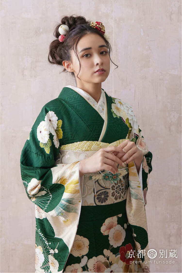 FL-D203　緑振袖　菊　梅　maya bailey　まやべいりー　成人式の振袖　二十歳の集い　振袖レンタル　購入　