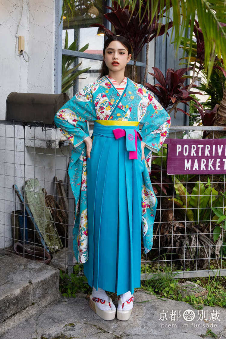 水色　空色　青緑　派手　POP　総柄　ブリッジマン遊七 【卒業式の袴レンタル】【京都五条別蔵】 【横浜別蔵】 【表参道志染庵】　袴　卒業式　卒業袴　
