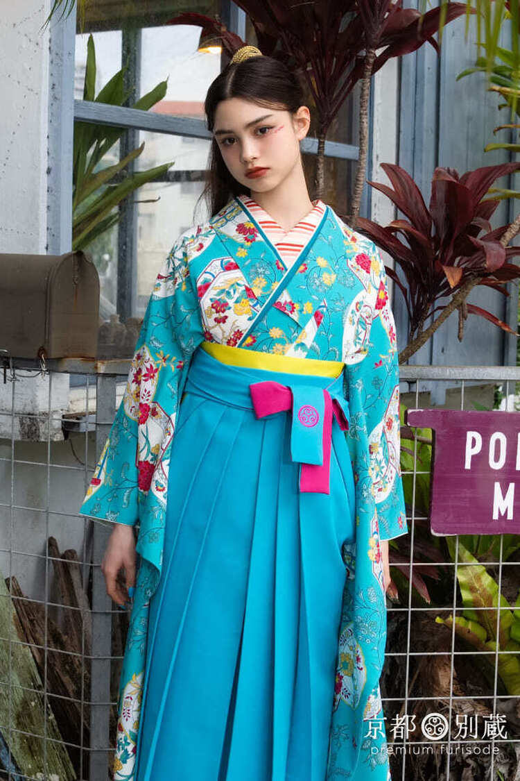 水色　空色　青緑　派手　POP　総柄　ブリッジマン遊七 【卒業式の袴レンタル】【京都五条別蔵】 【横浜別蔵】 【表参道志染庵】　袴　卒業式　卒業袴　