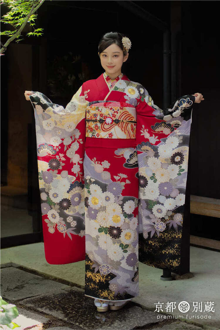FL-D312　赤振袖　黒　グレー　菊　小花　佐藤不二子　成人式の振袖　二十歳の集い　振袖レンタル　購入　